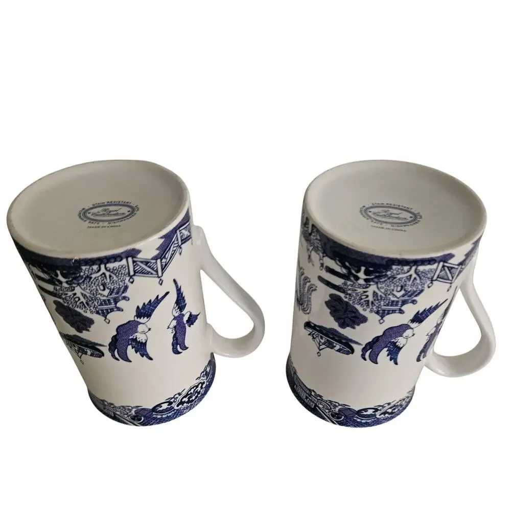 Royal Cuthbertson Blue Willow Mugs Set of 2 Blue White China